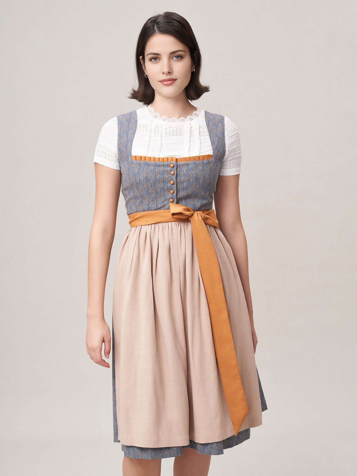 Stylisches hellgrünes Dirndl mit blauer Schürze